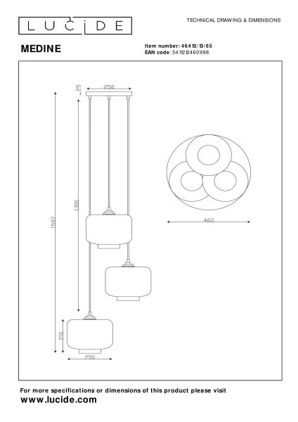 Lucide MEDINE - Suspension - Ø 46 cm - 3xE27 - Fumé - technique
